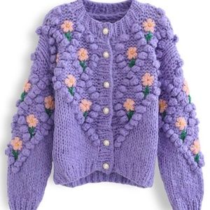 NWOT Stitch Floral Pom-Pom Hand Knit Cardigam